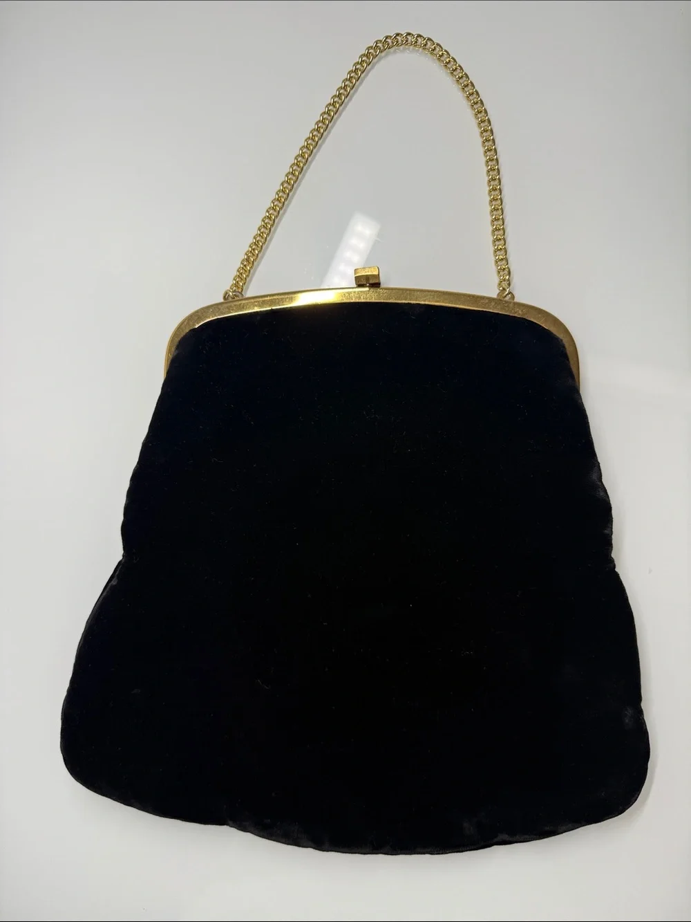 Vintage 1950s Black Velvet Bag Gold Chain Clasp Purse Mid Century